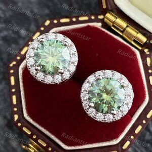 NEW Certified 2ct. t.w. Blue Green Moissanite Round Halo Stud Earrings